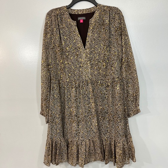 Vince Camuto Leopard Print Metallic Gold Foil Tiered Babydoll Mini Dress S - Picture 3 of 8